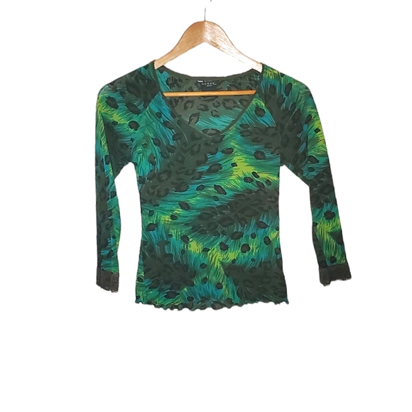 Guess Tops - Playful Peacock Brightly Colored Leopard Blend V-Neck with Lace Edging